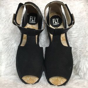Fly London Black Perforated Leather Yehi Ankle Strap Wedge Sandal 38 7.5